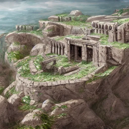 Prompt: ancient ruined city carved into a tall cliff rock, concept art