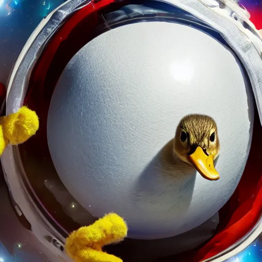 Image similar to A still of a little duckling dressed as an astronaut floating in space, 4k, photograph, photoreal, realistic, highly detailed, epic lighting, awar winning