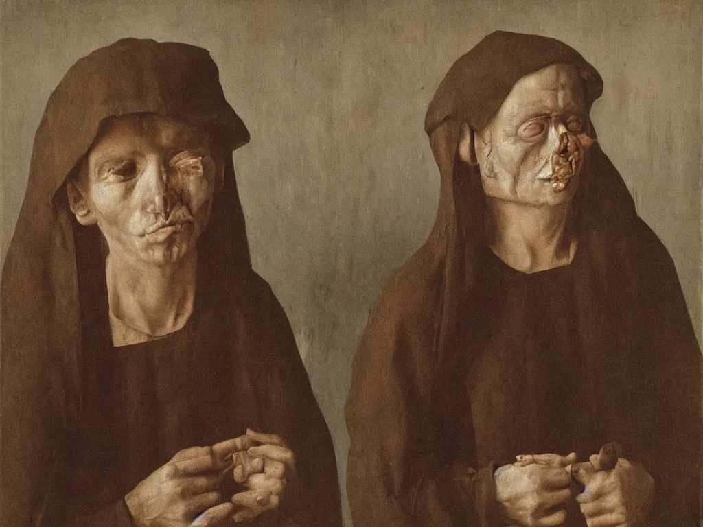 Image similar to portrait of a Meth addict. Painting by Jan van Eyck, August Sander.