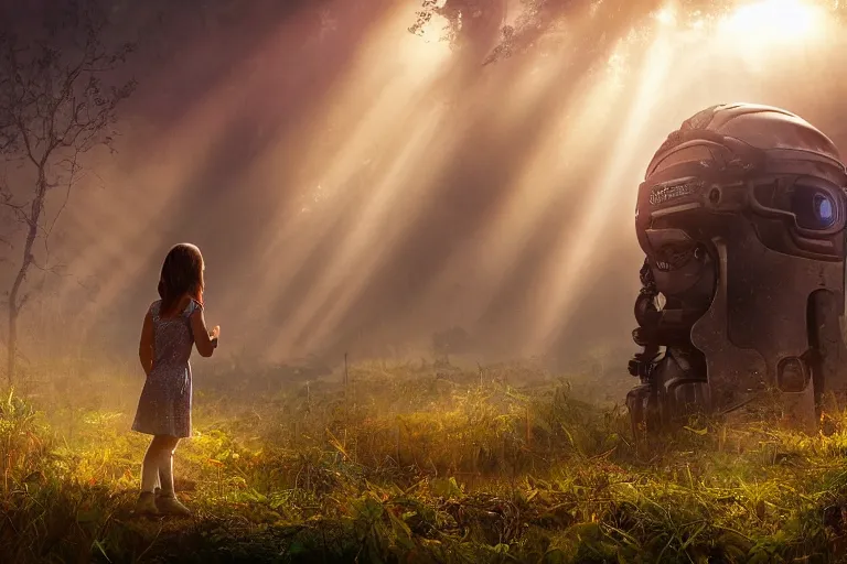 Image similar to the great beyond, sci - fi scene future new york, little girl holding a hand of a big robot, forest punk, crepuscular rays, epic scene, hyper realistic, photo realistic, overgrowth, cinematic atmosphere, ethereal lighting