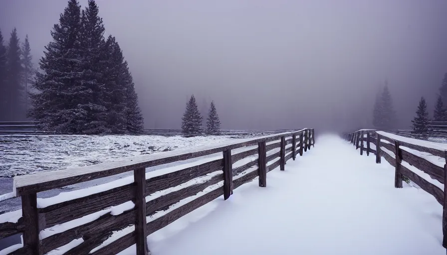 Image similar to wooden guardrails covered by snow in beautiful winter landscape. fog, snowstorm, photorealistic rendering, octane