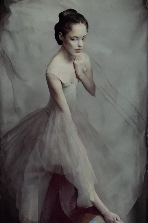 Image similar to hyperrealism fashion woman portrait in a ballet dress sits on a silk cloth by Roversi photo from The Holy Mountain by Alejandro Jodorowsky in style of Francisco Goya