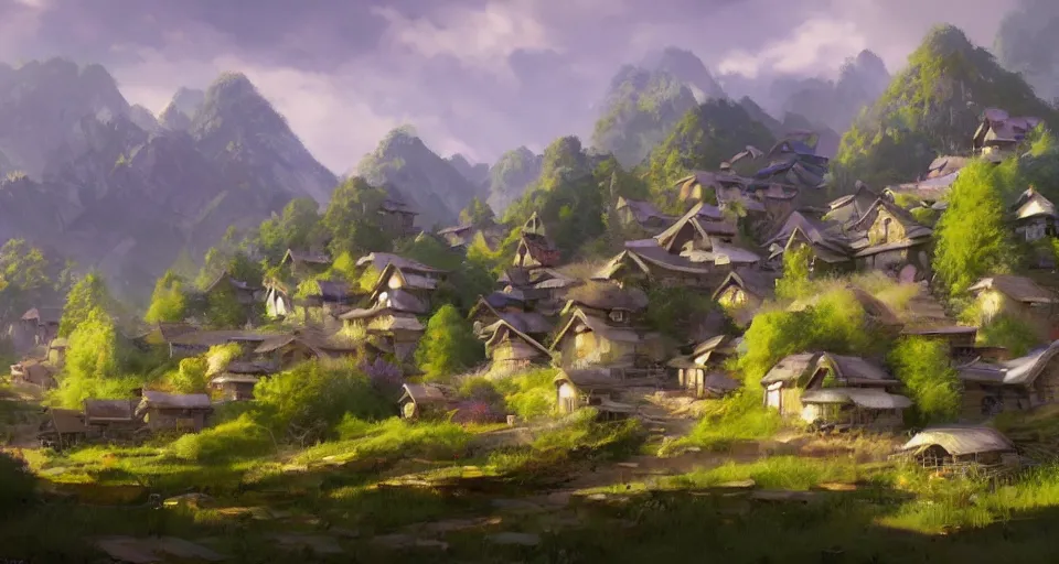 Image similar to beautiful village with japaneese mushroom houses on a mountain slope, realistic concept art, eytan zana, one pixel brush, lavander and yellow color scheme, concept art, trending on artstation