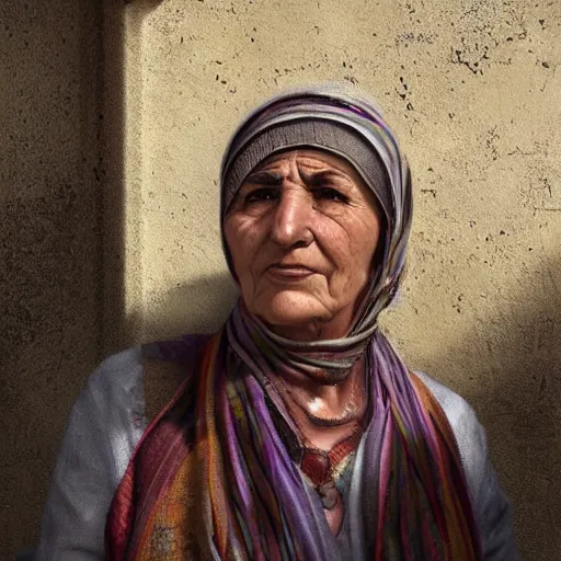 Image similar to hyperrealistic mixed media high resolution image of a beautiful Kurdish grandmother, stunning 3d render inspired art by István Sándorfi and Greg Rutkowski and Unreal Engine, perfect symmetry, dim volumetric lighting, 8k octane beautifully detailed render, post-processing, extremely hyper-detailed, intricate, epic composition, highly detailed attributes, highly detailed atmosphere, full body shot, cinematic lighting, masterpiece, trending on artstation, very very detailed, masterpiece, stunning, flawless structure, lifelike texture, perfection,