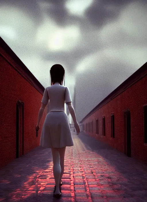 Image similar to a beautiful Cotton Mill Girl, symmetrical, centered, dramatic angle, ornate, details, smooth, sharp focus, illustration, realistic, cinematic, artstation, award winning, rgb , unreal engine, octane render, cinematic light, macro, depth of field, blur, red light and clouds from the back, highly detailed epic cinematic concept art CG render made in Maya, Blender and Photoshop, octane render, excellent composition, dynamic dramatic cinematic lighting, aesthetic, very inspirational, arthouse by Henri Cartier Bresson