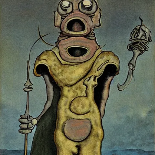 Prompt: squidward as a dark souls boss by Max Ernst