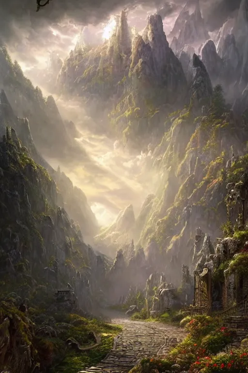 Prompt: A beautiful hyper realistic detailed matte painting of an intricate steel and gold gateway over a pathway through a colorful forest, dramatic sky, dramatic mountains in background, dramatic lighting, dynamic lighting, cinematic lighting, vivid, by Raphael Lacoste and John Howe and Andreas Rocha, unreal engine, featured on artstation