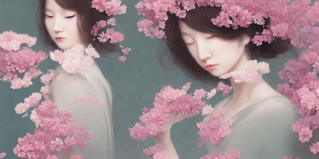 Image similar to delicate detailed concept art painting pattern blend of flowers and girls, by hsiao - ron cheng, bizarre compositions, exquisite detail, pastel colors, 8 k