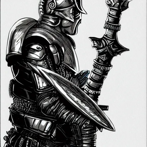 Image similar to a cyberpunk paladin in very heavy silver armor wearing a crusaders helmet he is holding a large long sword in a cyberpunk setting, comic book art, cyberpunk, art by stan lee, pen drawing, inked, colorful, bright high tech lights, dark, moody, dramatic, deep shadows, marvel comics, dc comics