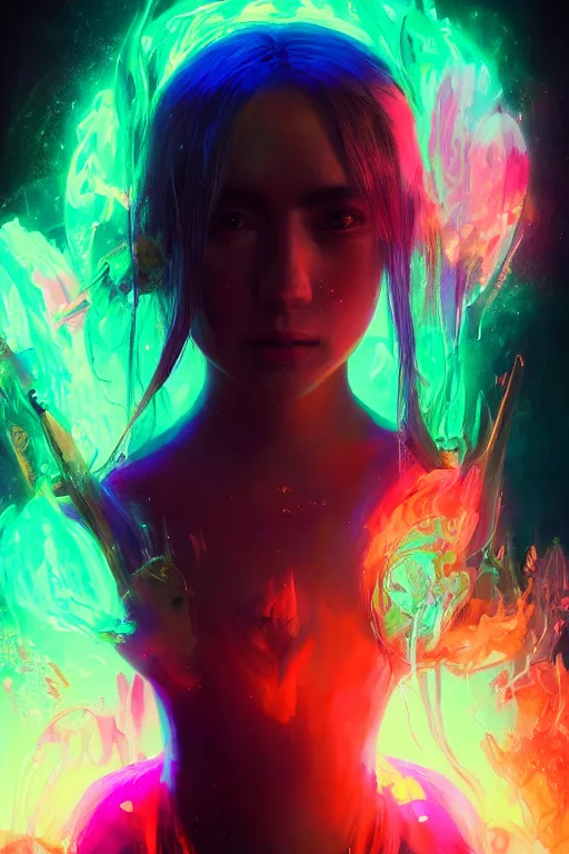 Prompt: a fancy portrait of a young Demon girl covered in rainbow flames by Greg Rutkowski, Sung Choi, Mitchell Mohrhauser, Maciej Kuciara, Johnson Ting, Maxim Verehin, Peter Konig, final fantasy , 8k photorealistic, cinematic lighting, HD, high details, atmospheric , trending on artstation