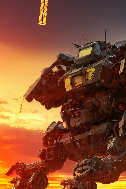 Image similar to A real photo of a Mechwarrior in battle stance, a sunset in the distance, by Josan Gonzalez, Yoji Shinkawa and Geof Darrow, highly detailed, Unreal Engine Render, lots of neon lights on the robot, 3D, 8k wallpaper, uplight