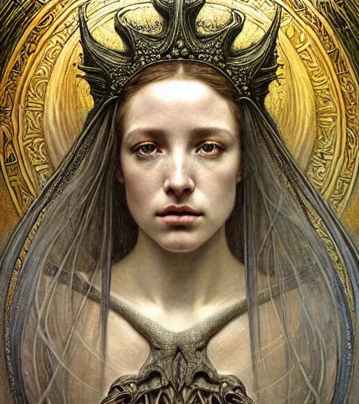 Image similar to detailed realistic beautiful young medieval queen of the andromeda galaxy face portrait by jean delville, gustave dore and marco mazzoni, art nouveau, symbolist, visionary, gothic, pre - raphaelite. horizontal symmetry by zdzisław beksinski, iris van herpen, raymond swanland and alphonse mucha. highly detailed, hyper - real, beautiful