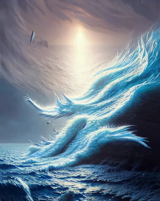 Prompt: a hyper - detailed 3 d render like a oil painting of aquatic animals of the crashing waves, surrealism!!!!! surreal concept art, lifelike, photorealistic, digital painting, aesthetic, smooth, sharp focus, artstation hd, by greg rutkowski, bruce pennington, valentina remenar and asher duran,