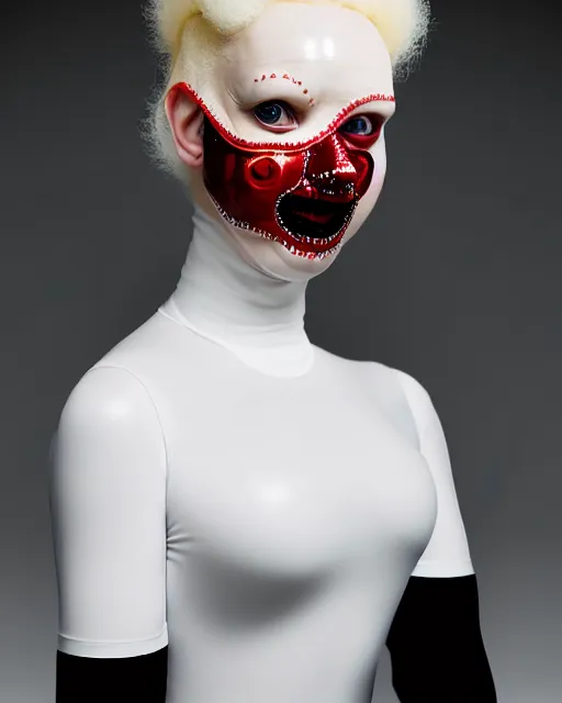 Image similar to symmetrical portrait of an albino woman wearing a silicone diamond studded red beauty mask and white hair buns, wearing a black bodysuit by alexander mcqueen, cream white background, soft diffused light, biotechnology, humanoid robot, bjork aesthetic, translucent, by rineke dijkstra, intricate details, highly detailed, masterpiece,