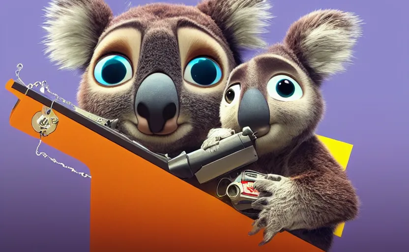 Image similar to “ cute koala with very big eyes, wearing a bandana and chain, holding a laser gun, standing on a desk, digital art, award winning, in the style of the movie zootopia ”