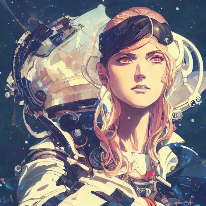 Prompt: anime portrait space pirate captain, futuristic science fiction, mucha, hard shadows and strong rim light, art by jc leyendecker and atey ghailan and sachin teng