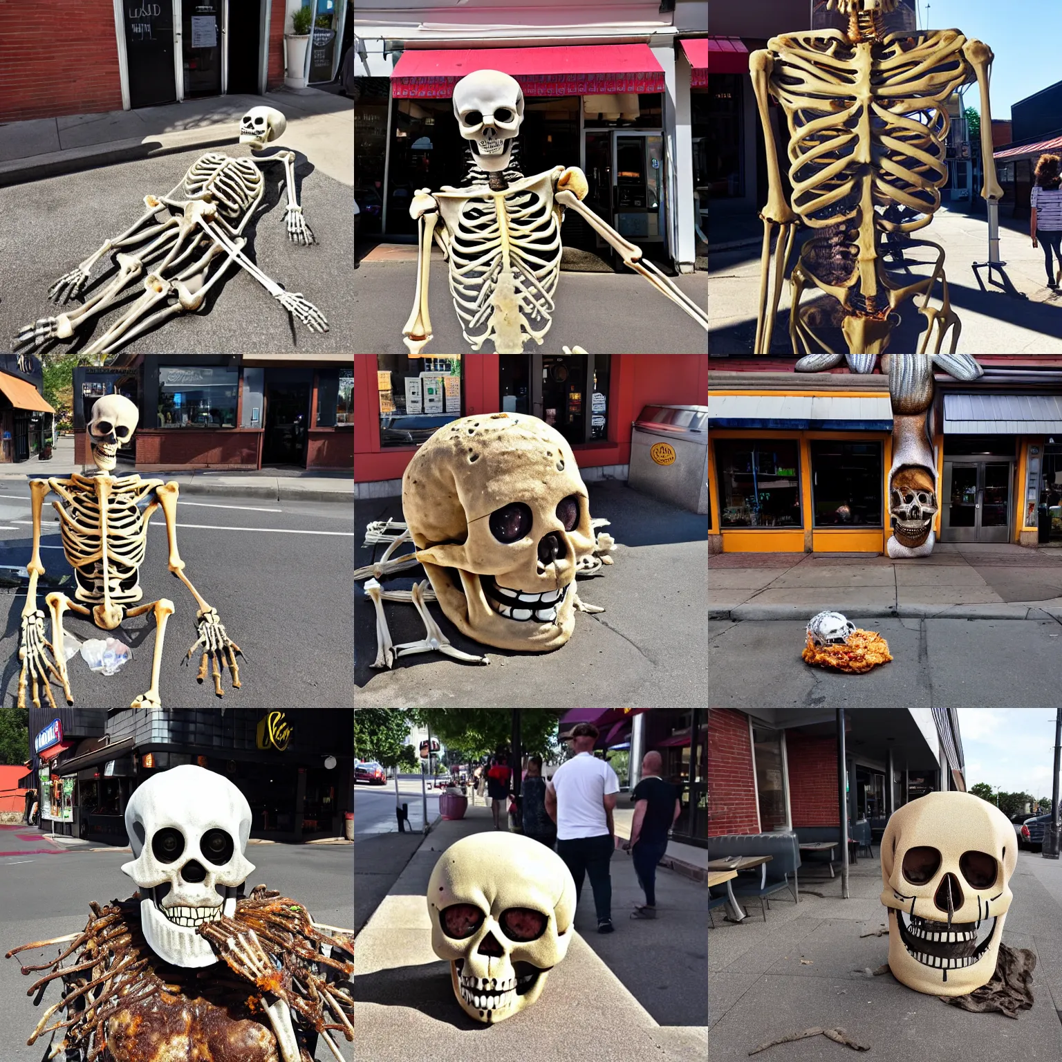 Prompt: steaming pareidolia skeleton made of litter with defined body and a human face baking in sun oozing goo outside restaurant, fast food review, wide angle, specular highlights, fetid