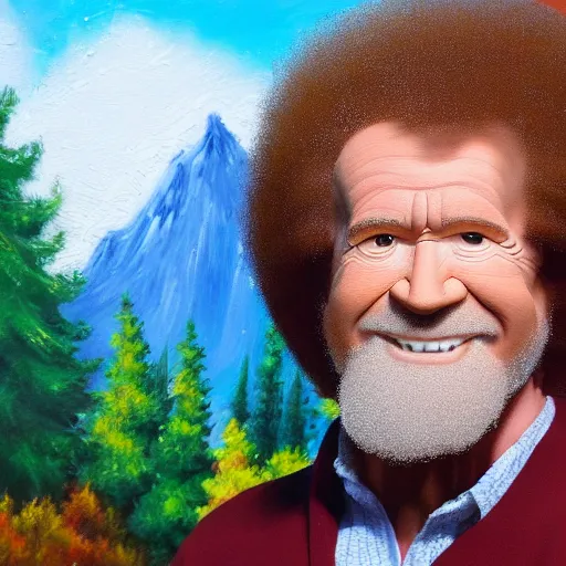 Prompt: a closeup photorealistic photograph of bob ross at his studio. bob is working on a canvas painting of iron man. happy trees and mountain scape. film still, vibrant colors. this 4 k hd image is trending on artstation, featured on behance, well - rendered, extra crisp, features intricate detail, epic composition and the style of unreal engine.