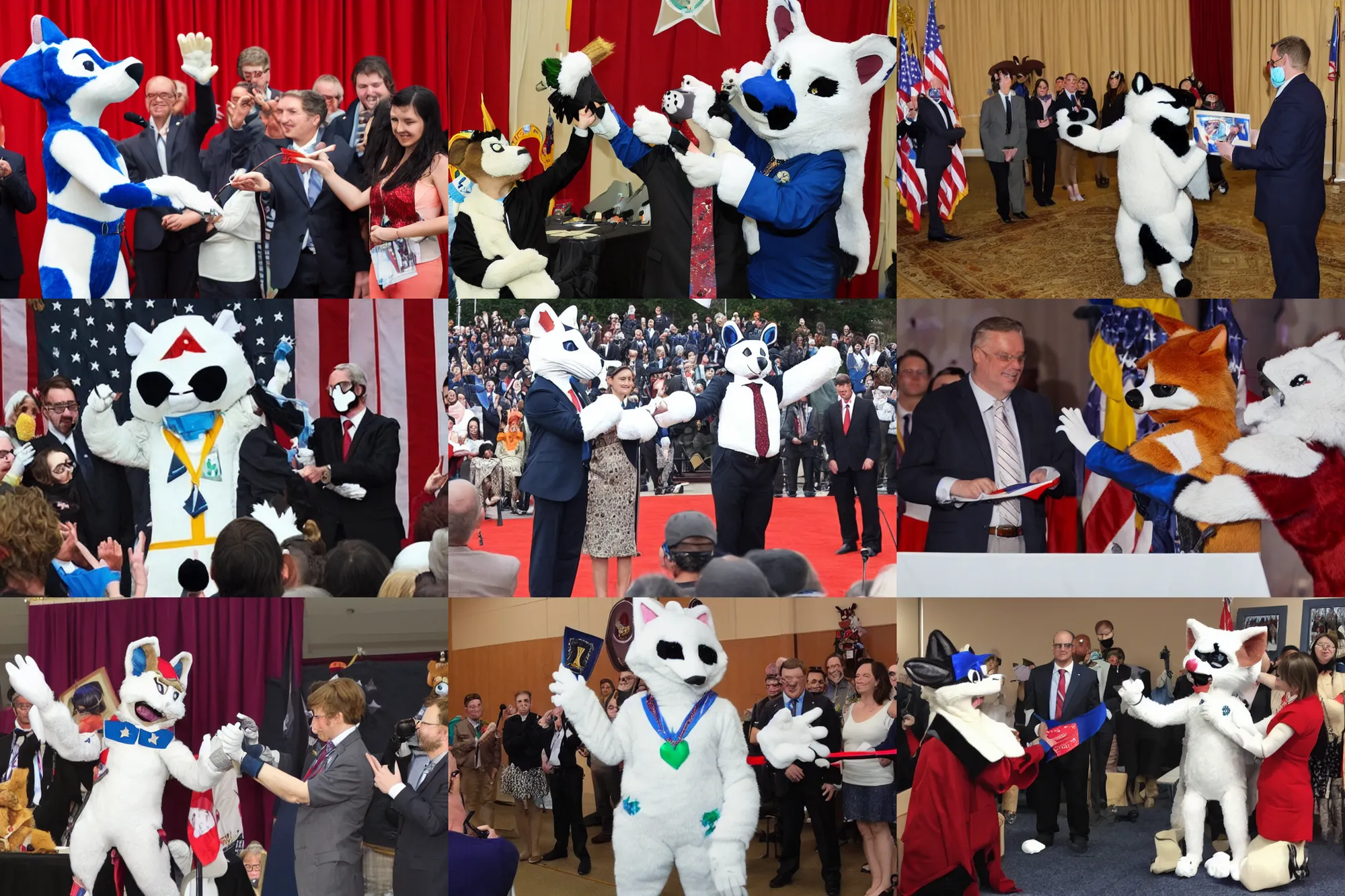 Prompt: photo of a fursuiter being inaugurated as president