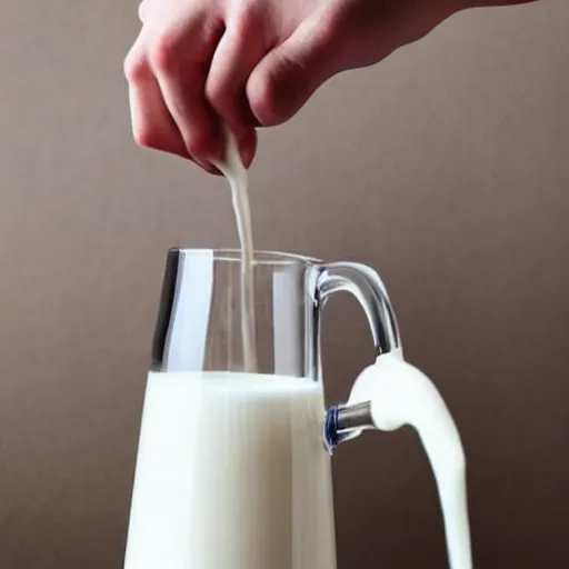 Prompt: pouring milk out of a bottle into a glass