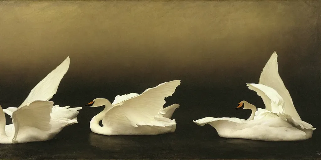Image similar to lots of swans hiding a body. by william bouguereau, andrew wyeth and nicola samori. dark atmosphere. dark space