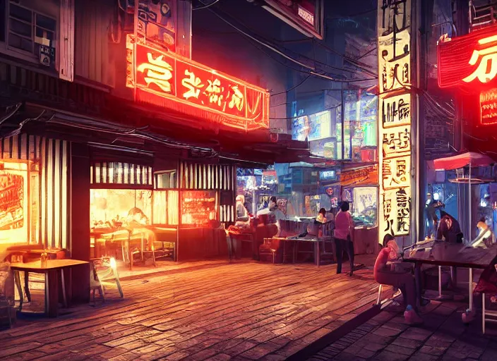 Prompt: through a window, a small cozy ramen restaurant in a busy thriving cyberpunk street at night, trending on cgsociety, unreal engine, 4 k wallpaper