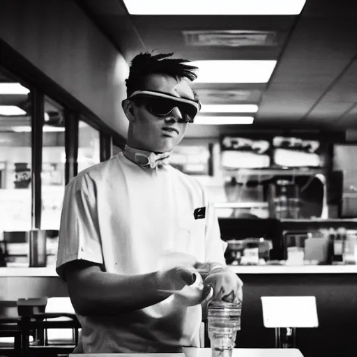 Prompt: an invisible man portrait working in a fast food restaurant, in a cinematic cyberpunk style, 3 5 mm