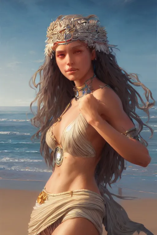 Image similar to goddess of the beach, highly detailed, digital painting, artstation, concept art, smooth, sharp focus, illustration, unreal engine 5, 8 k, art by artgerm and greg rutkowski and edgar maxence