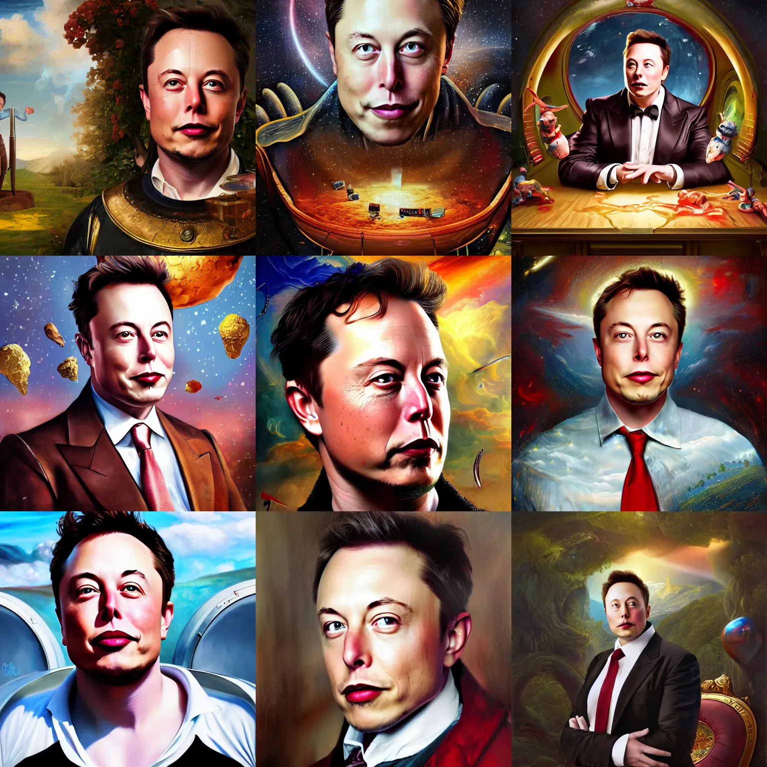 Prompt: portrait of Elon Musk in Wonderland, realistic painting, classical painting, high definition, digital art, matte painting, very detailed, realistic