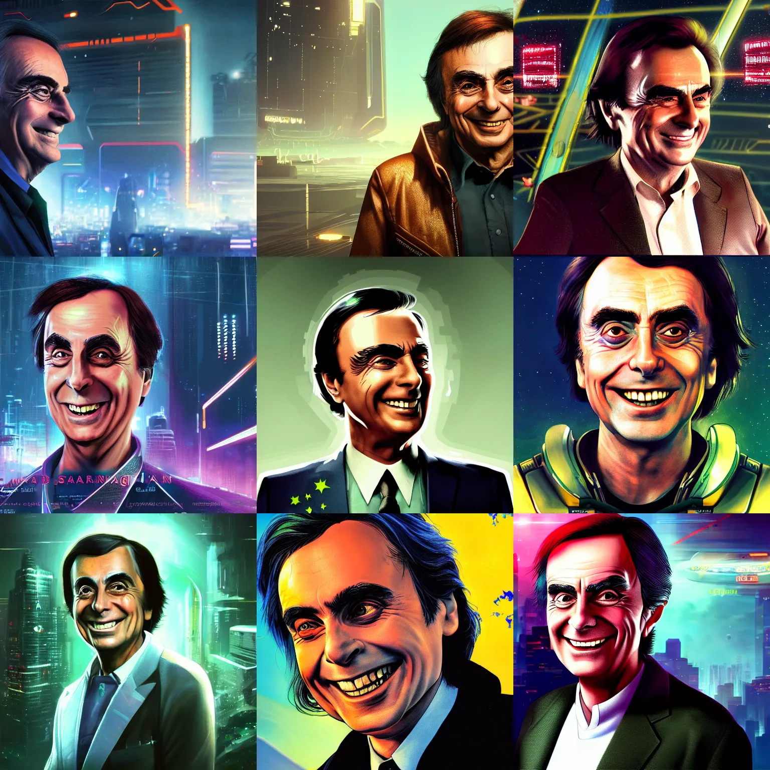 Prompt: smiling carl sagan portrait in cyberpunk 2 0 7 7 3 8 4 0 x 2 1 6 0 cosmos