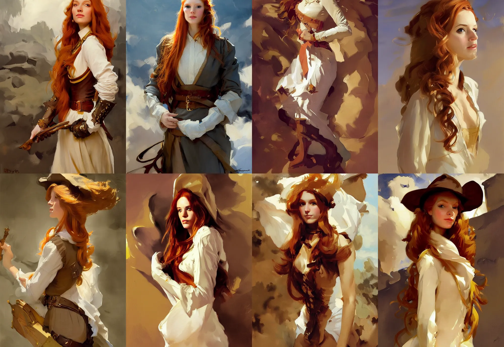 Prompt: portrait of spain italian long ginger hair model girl jodhpurs hyperborea winter traveler treasure hunter greg manchess painting by sargent and leyendecker, fantasy, medium shot, asymmetrical, intricate, elegant, matte painting, illustration, hearthstone, by rhads, by greg rutkowski, by greg tocchini, by james gilleard, by joe fenton