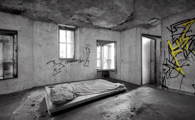 Prompt: berlin underground bedroom interior, concrete, punk, bed, neon lights, modernism, brutalism, white, beige, black, minimalism, graffiti on the walls, industrial, pipes, rust, little windows, plants