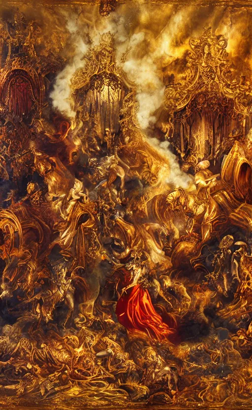 Image similar to 'Deamons Invade The Holy See' by István Sándorfi royally decorated, whirling smoke, embers, gold encrustations , gilt silk torn fabric, radiant colors, fantasy, perfect lighting, studio lit, micro details,