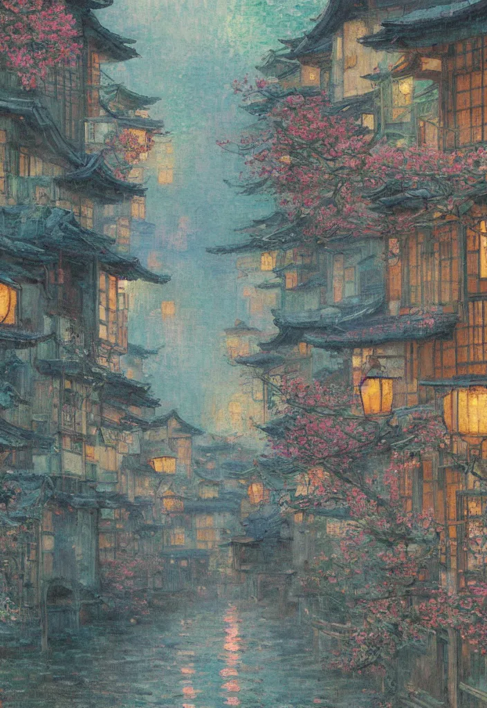 Image similar to a beautiful japanese city near the sea, amazing ryokans and gorgeous edo era houses, epic cyberpunk, lofi vibe, colorful, vivide colors, amazing light, really beautiful nature, oil painting in impressionist style, by jeremy lipkin, by claude monet, by makoto shinkai, multiple brush strokes, inspired by ghibli, masterpiece, beautiful