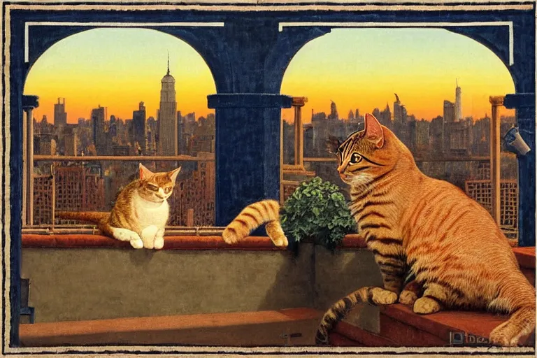 Prompt: painting of a cat, in a rooftop, watching new york, beautiful, sunset, romantic, by ludwig deutsch and maxfield parrish, patterned tilework, extremely detailed, cinematic lighting, smooth sharp focus