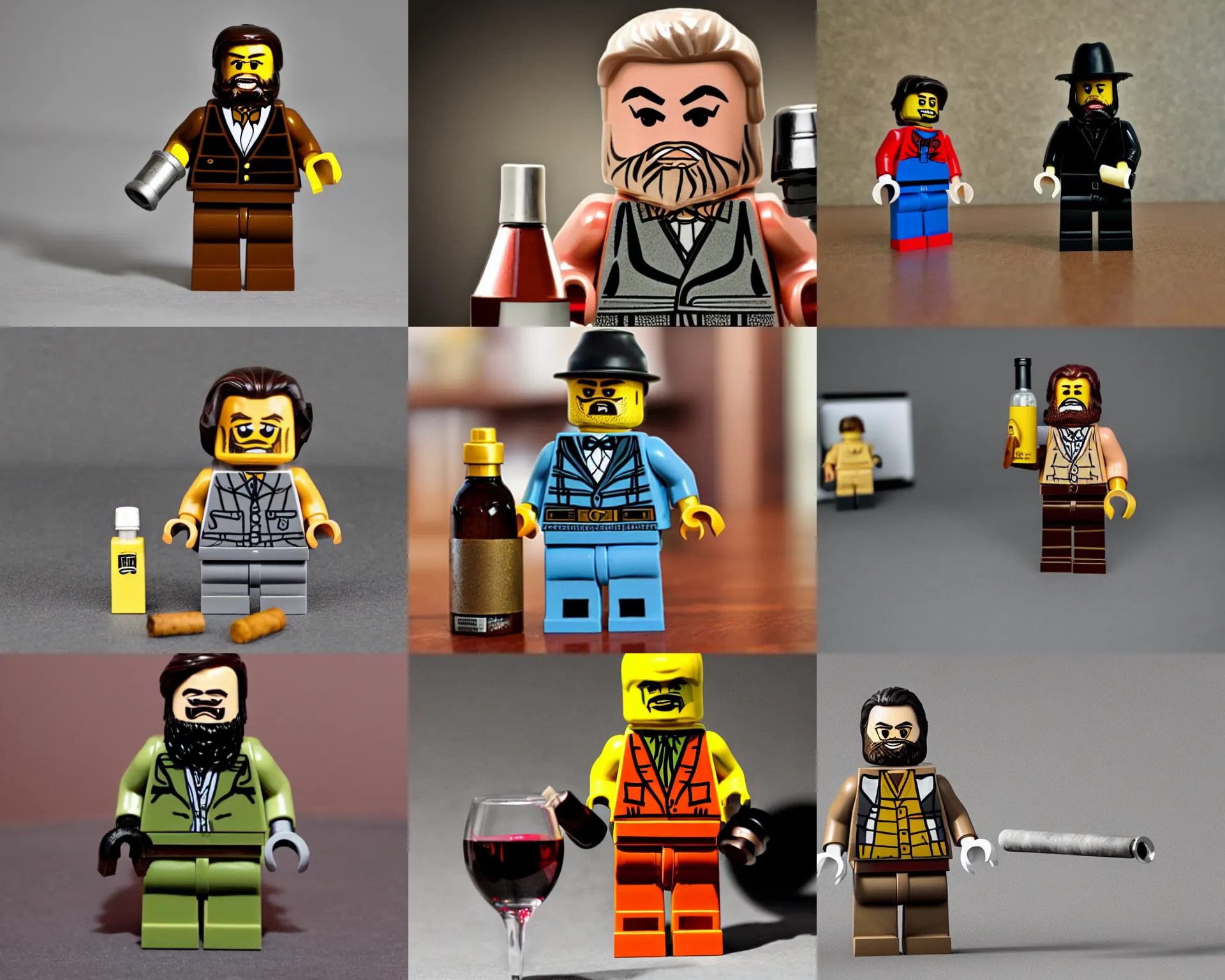 Prompt: orson welles as lego mini figure, beard, wine bottle, cigar