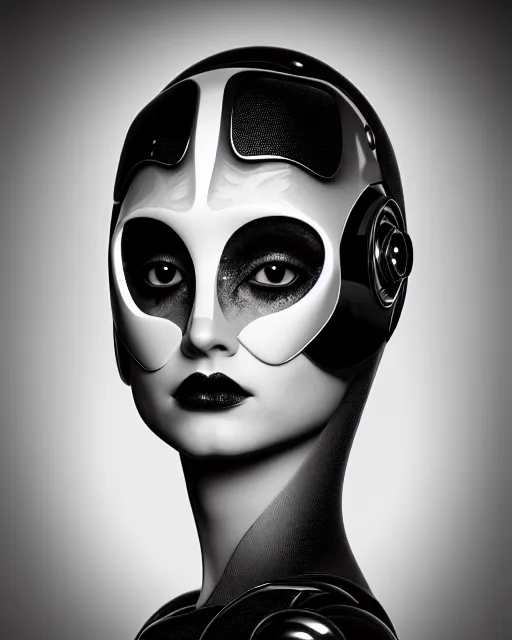 Image similar to surreal mythical dreamy dark artistic black and white fine art 3 / 4 fashion portrait photo of a young beautiful delicate female robot with orchid - owl face, rim light, cinematic, studio dramatic light, poetic, masterpiece, octane render, 8 k, photo - realistic by hg giger and man ray