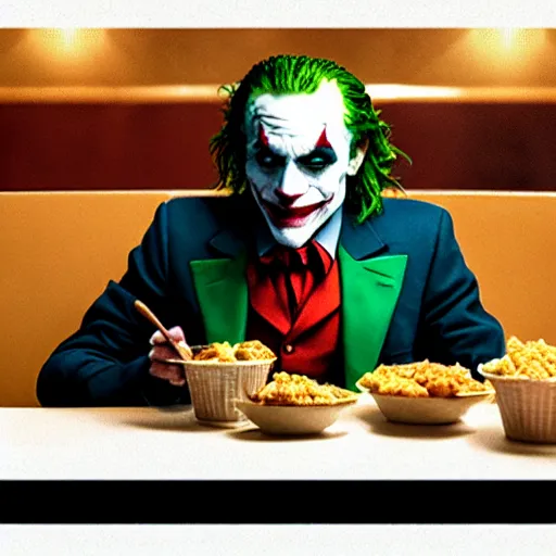 Image similar to cinematic shot of the joker sitting at a table and aggressively eating out of a bucket of chicken inside of a kfc restaurant, 8 k, very detailed, very intricate,
