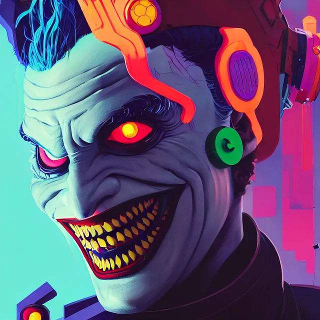 Prompt: a beautiful painting of a cyberpunk joker by sachin teng and pascal blanche and ralph mcquarrie and greg rutkowski. in style of futurism art. ( colorful comic ), ( film noirs ), ( brush stroke ), ( vibrating colors ), hyper detailed. 4 k texture. octane render. trending on artstation