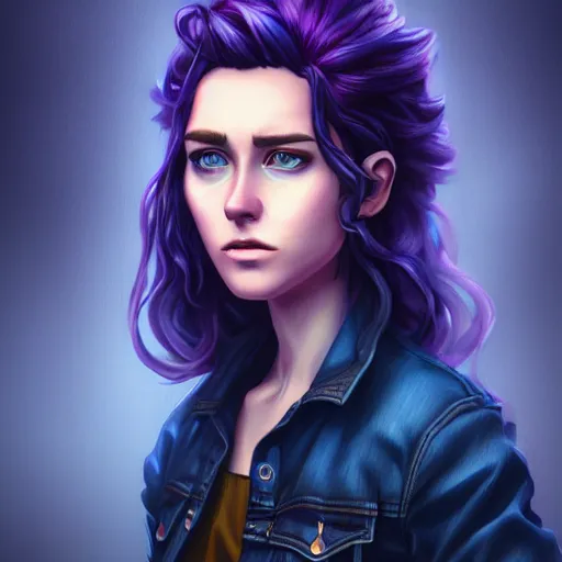 Prompt: an insanely detailed realistic depiction of beautiful abigail from stardew valley wearing black shirt under blue denim jacket standing in the rain, purple hair, pretty blue eyes, in the style of peter mohrbacher, artgerm, dramatic lighting and composition, octane render, trending on artstation, concept art 8 k