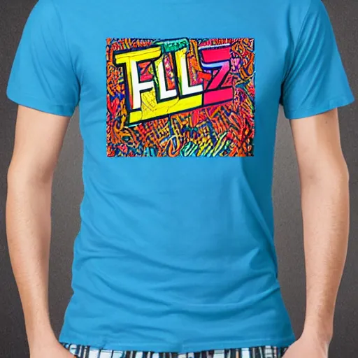 Prompt: t-shirt with full maximalist crazy print, product photo, coloured background