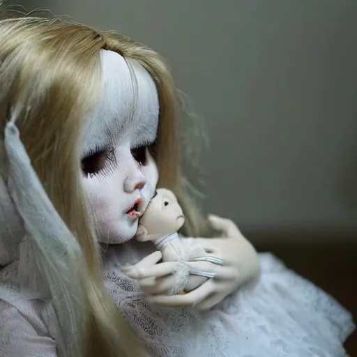 Prompt: A doll crying for her mother, abandoned, depression, somber