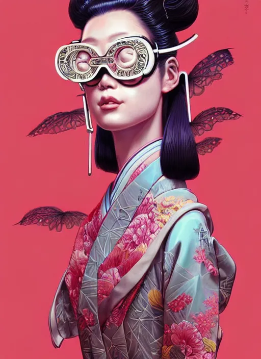 Image similar to portrait illustration of female japanese humannoid wearing a vr eyewear and very detailed and intricate geisha kimono dress, intricate detail, cyber neon lighting, highly detailed, artstation, glamor pose, concept art, art by peter mohrbacher and boris vallejo and liam wong, pinterest, artstation, digital painting,