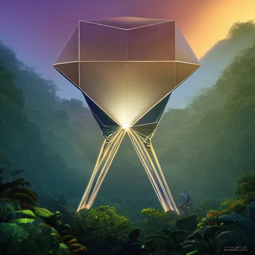 Prompt: peter tarka, minimalistic, hyperrealistic surrealism, award winning masterpiece with incredible details, epic stunning, a highly reflective chrome octahedron with lights coming out of the bottom in the middle of a tropical rainforest, alien structure, highly detailed, trending on ArtStation, golden hour, artgerm and greg rutkowski and alphonse mucha, daily deviation, IAMAG