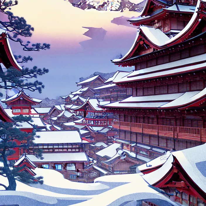 Image similar to empty japanese mountain city, winter, in the style of studio ghibli, j. c. leyendecker, greg rutkowski, artem