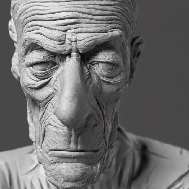 Image similar to photography of a sculpture of Samuel Beckett made of clay by Sebastian Kruger and Michelangelo, 50mm, studio atmosphere, 8K, rim light, octane render, ultra-realistic