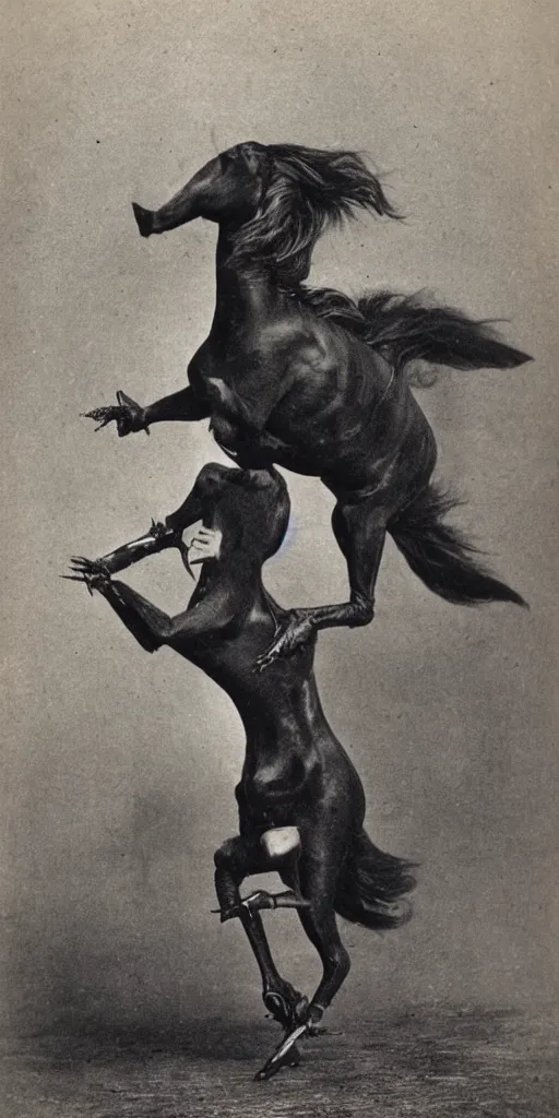 Prompt: [ [ t rex ] ] and a horse with [ [ leg ] ] high heels, movement, soft, black and white, photograph, 1 8 5 0 s