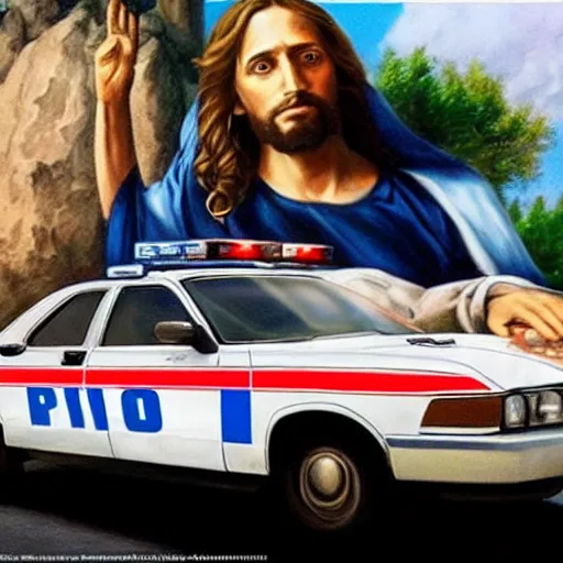 Image similar to hyperrealism painting of jesus christ on top of a police car in a police chase