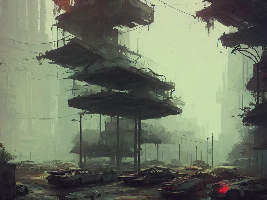 Image similar to post - apocalyptic cityscape overgrown by nature, old cars, destroyed, fog, by atey ghailan, ismail inceoglu, michal lisowski, artstation, volumetric light, high detail, perfect