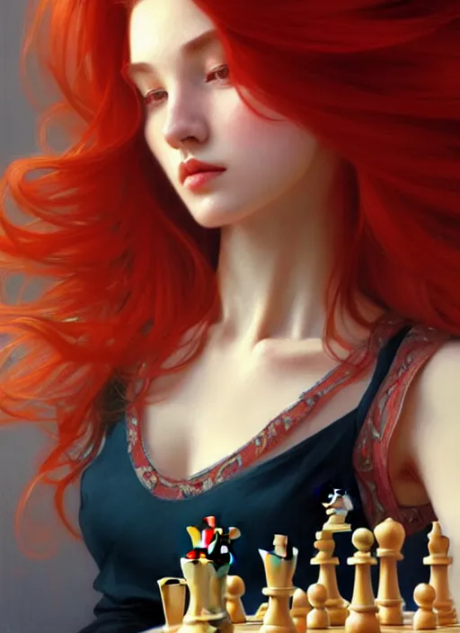 Image similar to a full body fashion photography of a girl playing chess, red hair, intricate, elegant, clearly visible face, highly detailed, digital gallery painting, artstation, concept art, smooth, sharp focus, illustration, art by artgerm and greg rutkowski and alphonse mucha, 8 k